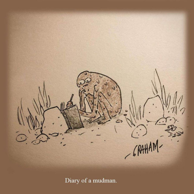 A cartoon illustration of a man made of mud writing in his journal in a swamp. Caption reads "Diary of a mudman."