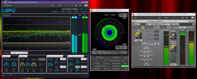 Screenshot of Linux Studio Plugins Autogain, x42 EBU R128 Loudness Meter, and Voxengo Elephant Mastering Limiter