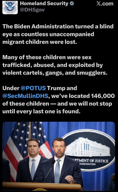 An official press conference featuring speakers discussing the issue of unaccompanied migrant children in the U.S. The backdrop includes flags and a Department of Justice seal. Text highlights claims regarding the Biden Administration's handling of the situation and the efforts made under former../