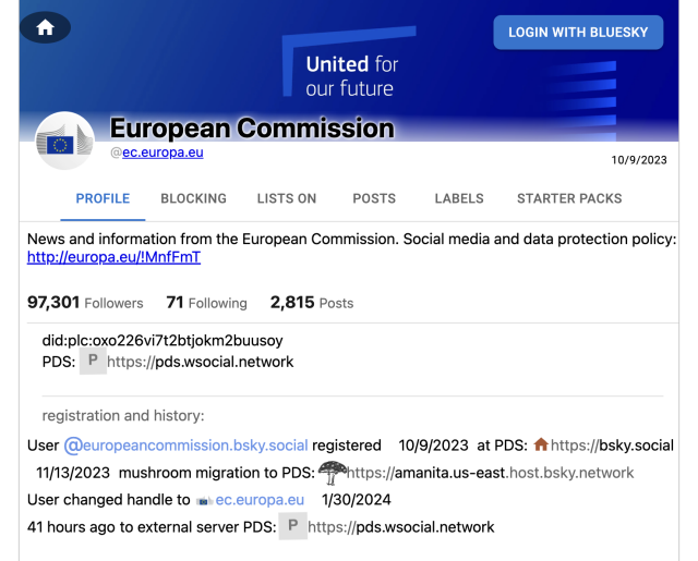 a screenshot from clearsky.app that shows that the European Commission's ATproto PDS was migrated to the W Social servers 41 hours ago