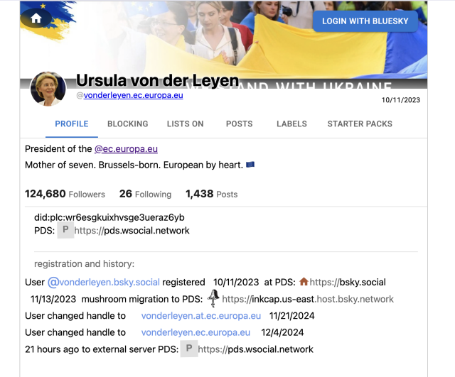 a screenshot from clearsky.app that shows that Ursula von der Leyen's ATproto PDS was migrated to the W Social servers 21 hours ago