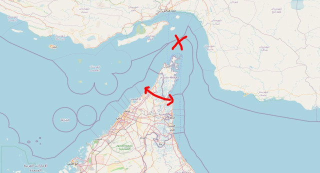 Screenshot of a map of the UAE region, a red x has been drawn on the Straight of Hormuz and a red line across the UAE connecting the Persian Gulf and the Gulf of Oman.