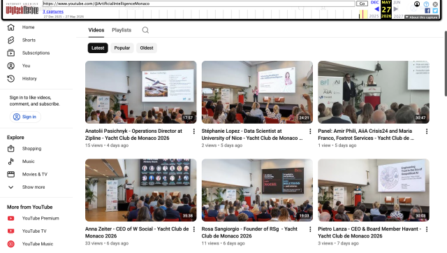 a screenshot from the Wayback Machine of the Artificial Intelligence Monaco YouTube channel showing the thumbnail of Anna Zeiter's 35 minute presentation 