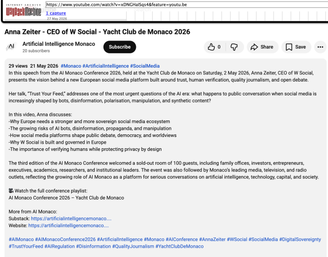 a screenshot from the Wayback Machine showing a resume of the video of Anna Zeiter's presentation at AI Monaco 2026