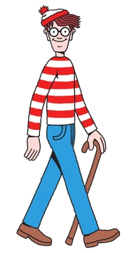 Cartoon illustration of Waldo from *Where’s Waldo?* walking with a cane. He wears a red-and-white striped shirt and hat, round black glasses, blue pants, and brown shoes against a transparent background.
