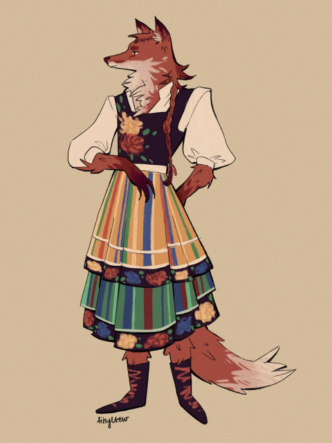 Digital illustration of an anthropomorphic gender nonconforming fox wearing a traditional polish dress. The fox wears high boots and a linen shirt underneath the dress. They have a long thin braid laid over their shoulder, tied with a red ribbon. The dress features colourful striped and floral patterns.
