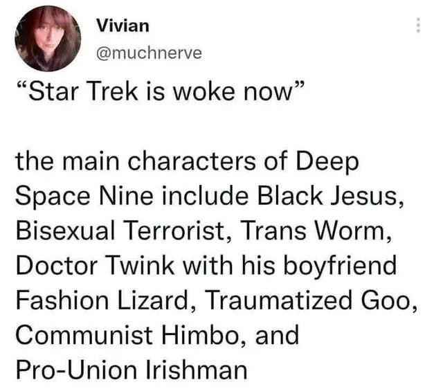 Post by Vivian @muchnerve

“Star Trek is woke now”

The main characters of Deep Space Nine include Black Jesus, Bisexual Terrorist, Trans Worm, Doctor Twink with his boyfriend Fashion Lizard, Traumatized Goo, Communist Himbo, and Pro-Union Irishman.
