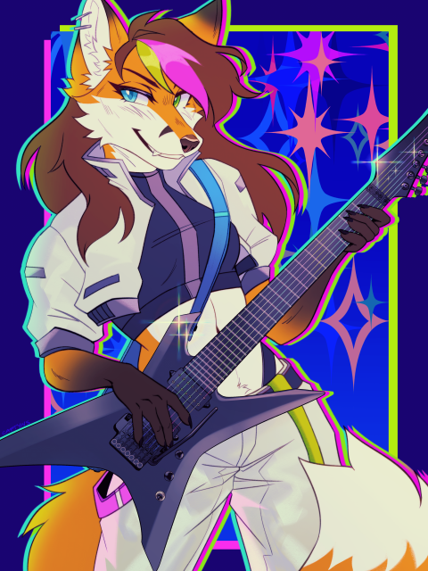 Artwork of my vixen fursona wearing a white techwear cropped jacket, white techwear pants with pink and green accents, and a darker croptop underneath the jacket.

An Ibanez Xiphos 7-string guitar is slung over her shoulder.