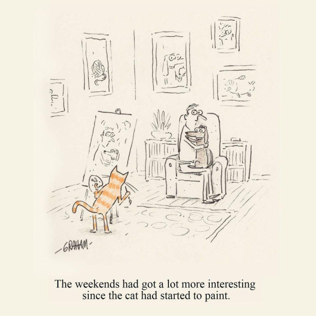 A cartoon illustration of a man and his dog holding each on a chair as a cat paints them on an easel. Caption reads "The weekends had got a lot more interesting since the cat had started to paint."