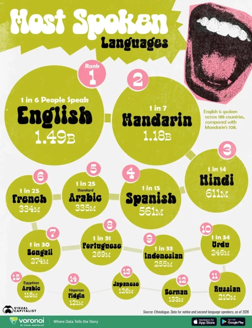 Chart: Most speken languages (sums of native & second-language speakers)
1. English - 1 in 6 people - 1.49bn speakers
2.Mandarin - i in 7 - 1.18bn
3. Hindi - 1 in 14 - 611mn
4. Spanish - 1 in 15 - 561m
5. Arabic - 1 in 25 - 335m
6. French - 1 in 25 - 334mn
7. Bengali - 1 in 30 - 274mn 
8. Portuguese - 1 in 31 - 269m
9. Indonesian - 1 in 33 - 255m
10. Urdu - 1 in 34 - 246m
11. Russian - 210m
12. German - 133m
13. Japanese - 126m
14. Nigerian Pidgen - 121m
15. Egyptian Arabic - 118m
