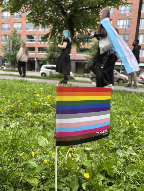 Nurmikolle pystyyn tökätty pieni pride-lippu, jonka nurkassa on Tampere Finland -logo. Taustalla kävelee ihminen translipun kanssa.