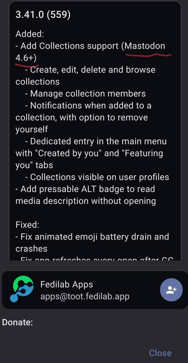 Screenshot of Fedilab release notes showing the Mastodon version needed to use collections.