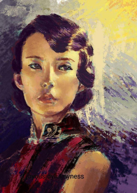 Painting of a retro Chinese woman with old fashioned waves in her purple hair. The woman is wearing a dark red Chinese qipao dress. The style is very rough brushstrokes and the background is an abstract sun and blue shadows. The artist's @joyousjoyfuljoyness watermark is on the bottom left.
