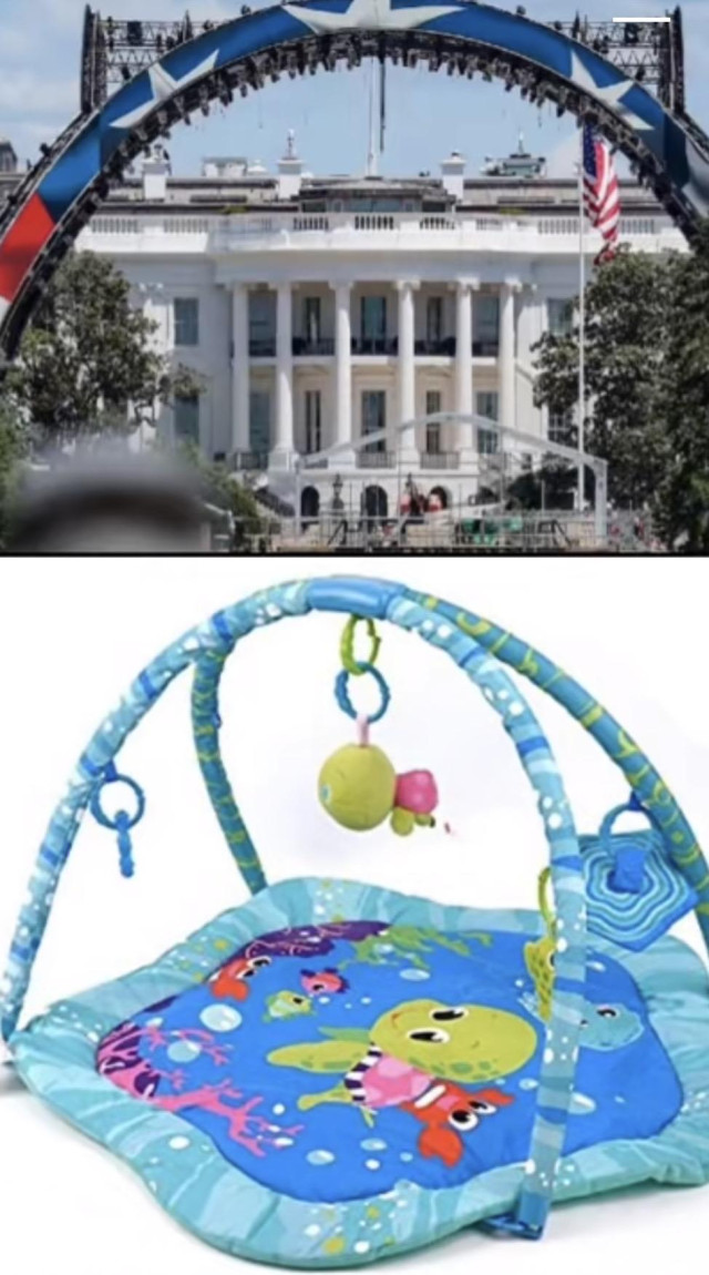 A meme comparing the fight dome on the White House lawn to a baby's tummy time play mat/gym