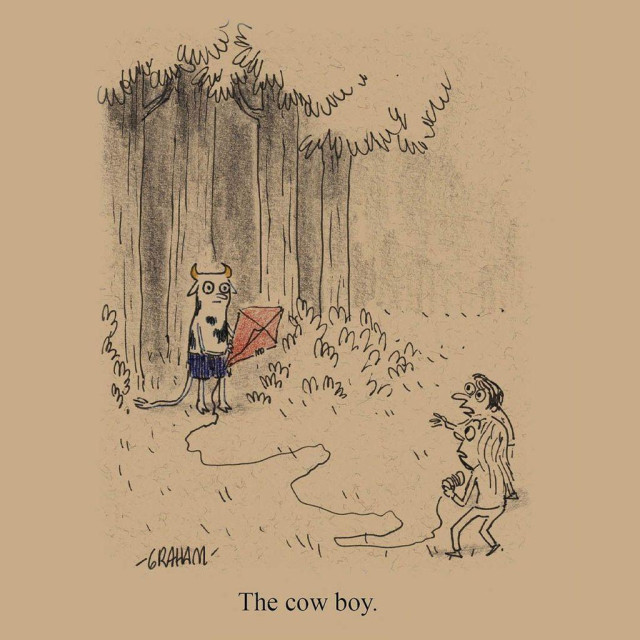 A cartoon illustration of a boy who looks like a cow holding a lost kite at the edge of a forest while two shocked children look on. Caption reads "The cow boy."