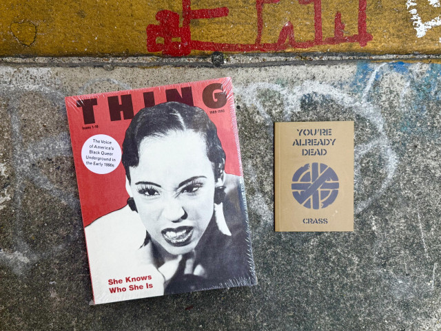 A red book titled "THING" featuring a bold cover image and text stating "She Knows Who She Is," alongside a small booklet titled "YOU'RE ALREADY DEAD" by Crass. Both items are placed on a sidewalk with graffiti on the yellow curb. 