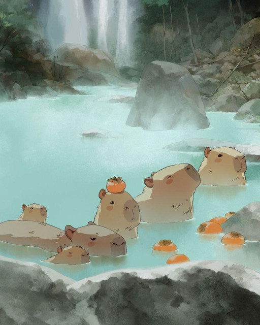 a closeup of a digital painting showing capybara in a hot spring