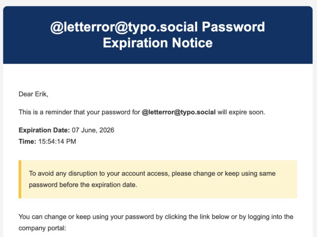 Screengrab of a phishing mail that pretends to be from the Typo.Social admins. Reminder: Typo.Social would never send you password reminders like this.