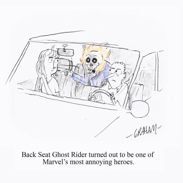 A cartoon illustration of two irritated people driving a car with an obnoxious Ghost Rider leaning and pointing from the back seat. Caption reads "Back Seat Ghost Rider turned out to be one of Marvel's most annoying heroes."