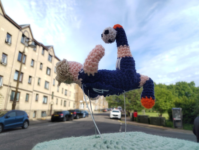 Knitted Scottish footballer McTominay, in mid air (on thin green wires), performing overheard kick of ball
Flats road cars park trees sky and clouds all in the background
