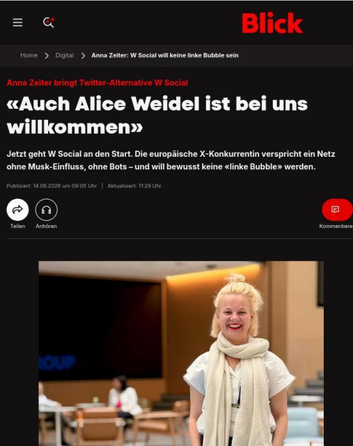 Screenshot of Blick headline with quote from W Social founder: "Alice Weidel is also welcome on our platform." (Weidel is a leading far-right politician from Germany's AfD party.)