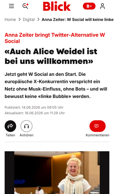 A "Blick" article titled: "«Auch Alice Weidel ist bei uns willkommen»" about the Twitter/X alternative WSocial.
