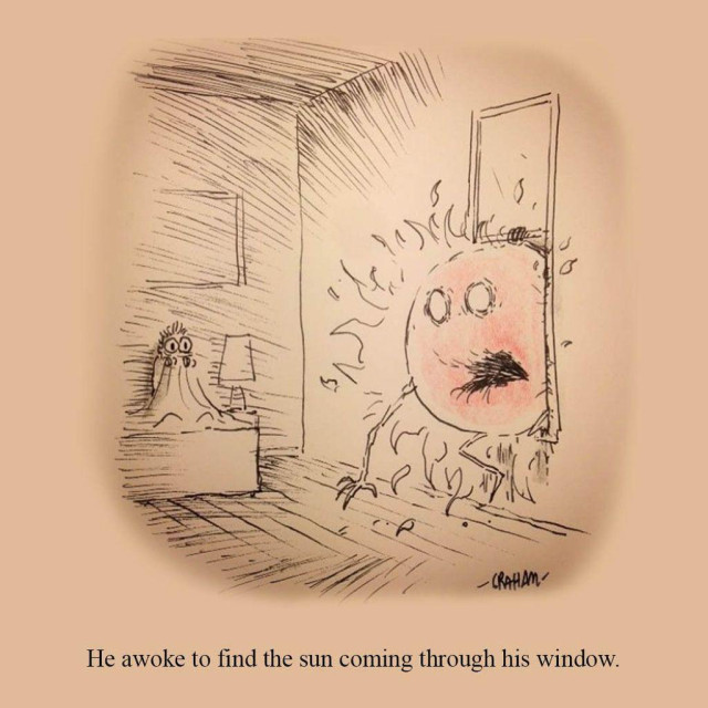 A cartoon illustration of a man in bed horrified as he watches a burning sun creature come through his open window. Caption reads "He awoke to find the sun coming through his window."