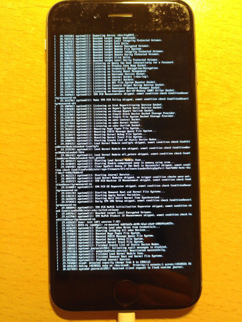 PostMarketOS booting on an iPhone 6. The phone screen is displaying SystemD logs.