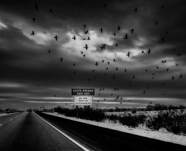 Zweispuriger Highway in der Dämmerung. Dunkle Wolken und ein Schwarm Vögel sind zu sehen. Die Straße ist leer. Auf der rechten Seite ein Schild 'do not pick hitchhikers' und ein weiteres mit der Information, dass es bald zum Staatsgefängnis abgeht.
