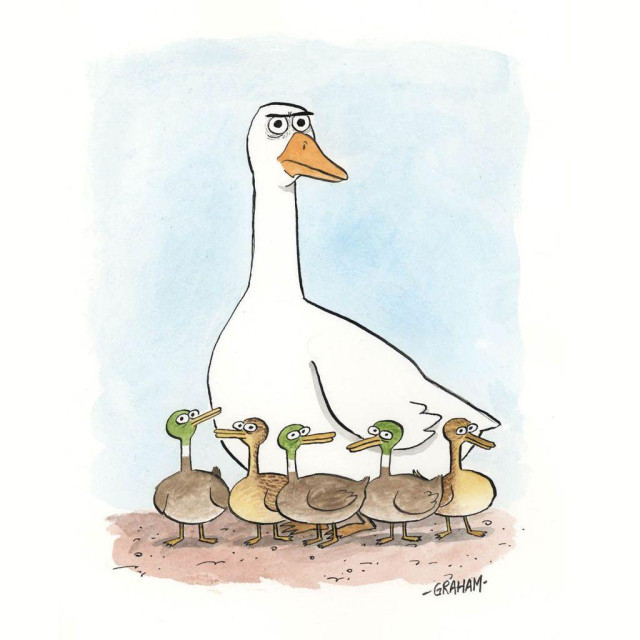 A cartoon illustration of five ducks standing in front of a very large mean looking white goose. 