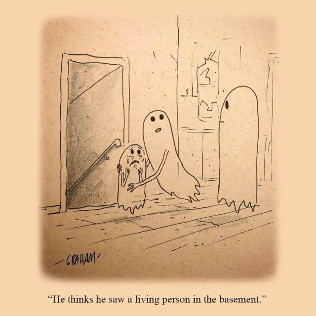 A cartoon illustration of a mother ghost comforting a crying young ghost while talking to a father ghost at the top of the basement stairs. Caption reads "He thinks he saw a living person in the basement."