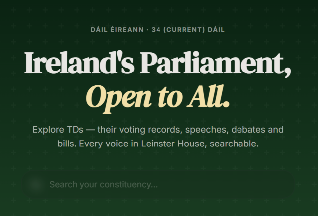 screen grab of the home page: Ireland's Paliamnet, OPEN TO ALL, green background