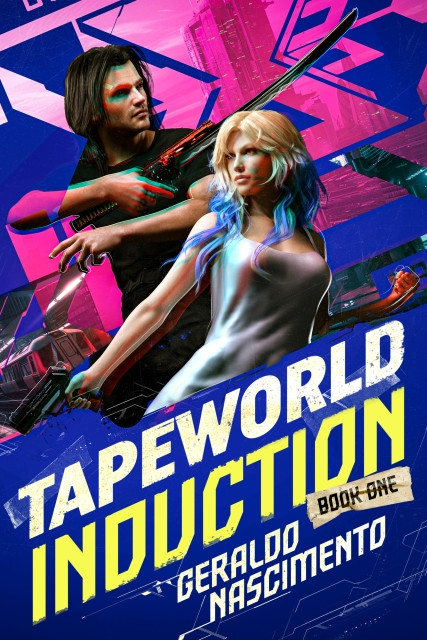 Cover for Tapeworld Induction by Geraldo Nascimento.
A Cyberpunk cover with 3D characters, Isaak in black and Dylan wearing white
They stand one behind the other in dramatic action poses. Behind them, the city of London in a futuristic version.
Blue and pink sections on the cover.