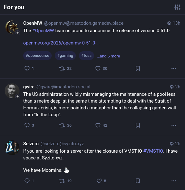 A screenshot of my For you -page in Mastodon