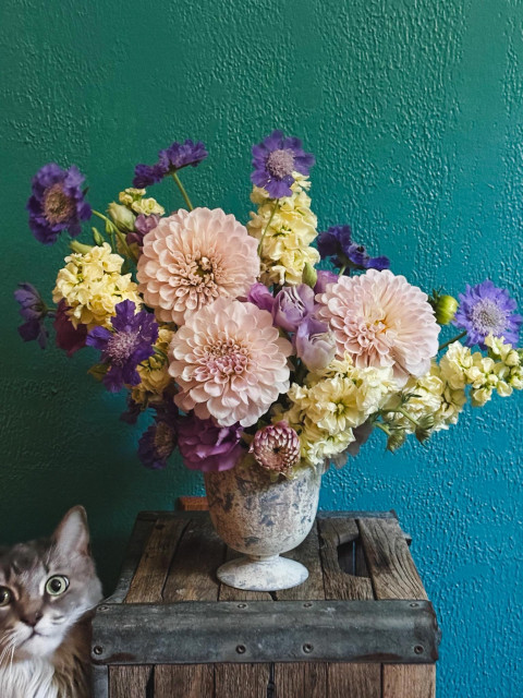 A photo of a flower arrangement sitting on a wooden crate. A cat's face is peeking out from the bottom corner of the photo.