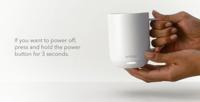 "If you want to power off, press and hold the power button for 3 seconds."

The power button is on the bottom of the mug. It's not exactly dishwasher or microwave safe, and apparently it's coated in PFAS.