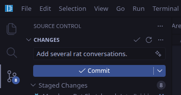 A snippet from Code - OSS showing the source control panel with the commit message "Add several rat conversations."