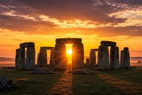 Stonehenge at either sunrise or sunset, with the sun positioned directly between two of the central standing stones. Warm golden light illuminates scattered clouds in the orange and pink sky, while long shadows stretch across the grassy foreground. The ancient ring of massive weathered stones stands silhouetted against the dawn, with a faint mist visible on the distant horizon.