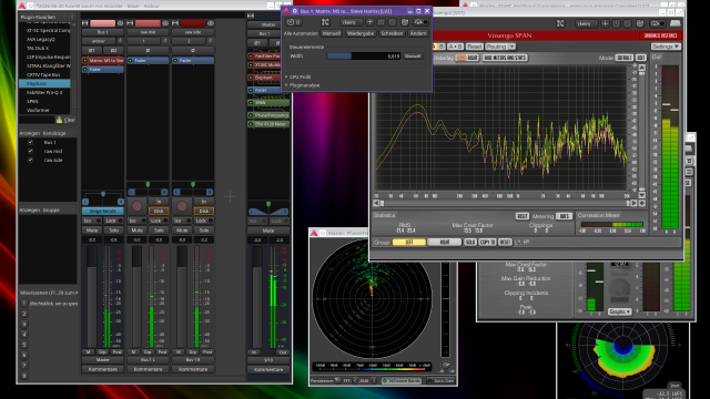 Screenshot showing the audio mixer of Ardour and some plugins: Matrix MS to Stereo, Voxengo Span Analyzer, x42 Phase/Frequency Wheel, and a bit hidden Voxengo Elephant and x42 EBU 128 radar meter.