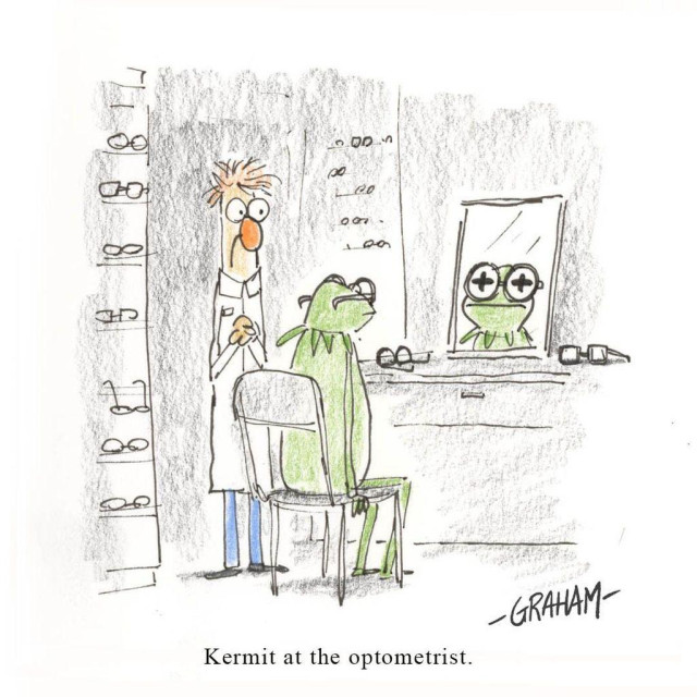 A cartoon illustration of Kermit trying on glasses at the optometrist. Caption reads "Kermit at the optometrist."
