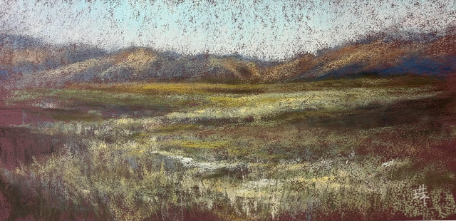 A horizontally long pastel landscape painting of a meadow that leads to far mountains. Warm, neutral colors. Textured. 