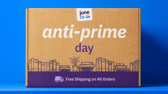 Graphic from bookshop.org. A box that looks like that big warehouse store’s, but it says “anti-prime day” in the center, “June 23-26” at the top, and “free shipping on all orders” at bottom 