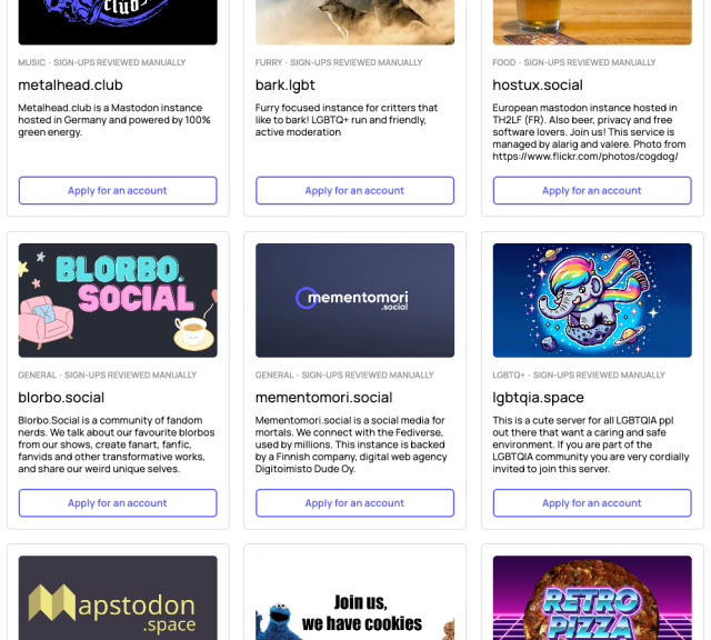 Screenshot of Mastodon server list, Mementomori.social represented