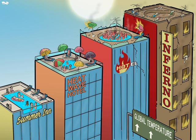 Cartoon showing a bar graph that indicates the rising global temperature. Each bar is higher than the last from left to right. The bars are also hotels with rooftop pools. The first hotel is called 'Summer Inn' and on the roof people are lounging in the pool. The second hotel is called 'Heat Wave Hotel' and on its roof people are sweating under parasols next to the pool. The third hotel is called 'HOTel' and on its roof people are sheltering in a nearly boiling pool while the parasols have caught on fire. The final hotel has a sign that reads 'INFERNO'. It is on fire, while skeletons lay on its roof in a dried up pool.