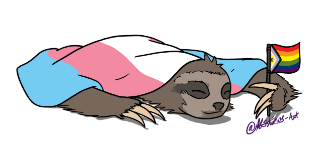 Drawing of a sloth under a trans Pride flag and holding a small Pride flag.