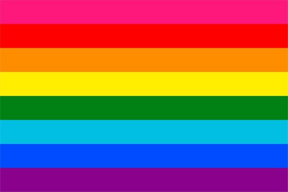 Design of the original gay pride flag, which consists of eight horizontal stripes in alternating colors, from top to bottom: pink, red, orange, yellow, green, turquoise, indigo, and violet.