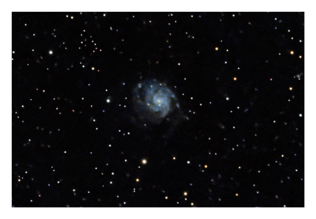 Image of M101, the Pinwheel Galaxy, occupying a small spot in the center of a field of stars. The definition on the spiral arms isn’t the clearest but I’ll keep trying. Shot and processed on a Dwarf 3 smart telescope with additional edits in Snapseed.