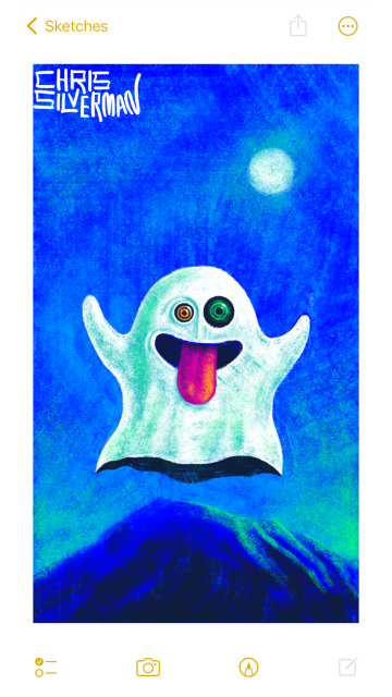 A ghost that resembles the Apple ghost emoji – arms up, tongue stuck out, left eye larger than the other — hovers over a blue mountain under a blue night sky. The ghost has a pink tongue. One eye is yellow, the other eye is green, and both eyes have two concentric circles inside them. A hazy moon sits in the top right of the sky. There is a slight greenish glow around the horizon. The painting is signed "Chris Silverman".