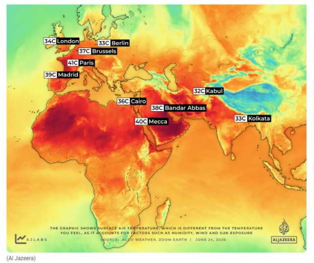 Screenshot of graphic from the AlJazeera article showing a map with surface air temperatures in different cities including 41C in paris and 40C in Mecca.