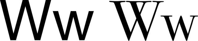 Letter W

San-serif shown in Neue Helvetica 48 pt.. Serifs shown in Bodoni 48 pt..

https://en.wikipedia.org/wiki/W#/media/File:Latin_alphabet_Ww.svg